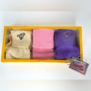 3 Pairs NOS Vtg Wrangler Cuffed Anklet Socks Sz. 9 - 11 In Box Pink Purple Ivory